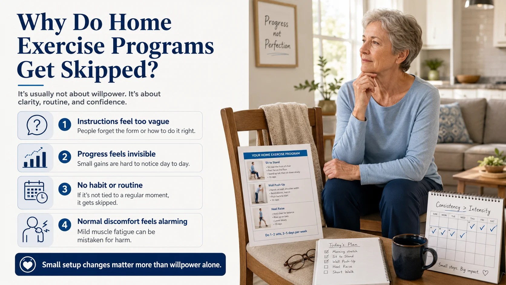 Older adult reviewing a home exercise program beside a simple progress tracker, illustrating common reasons exercise routines get skipped.