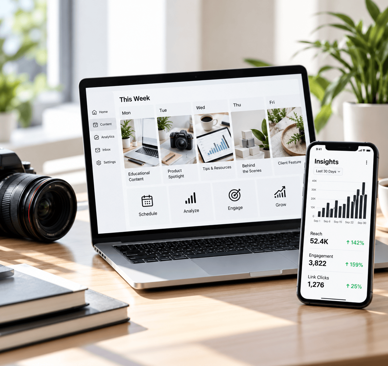 Social media marketing strategy and content performance analytics displayed on a digital workspace.