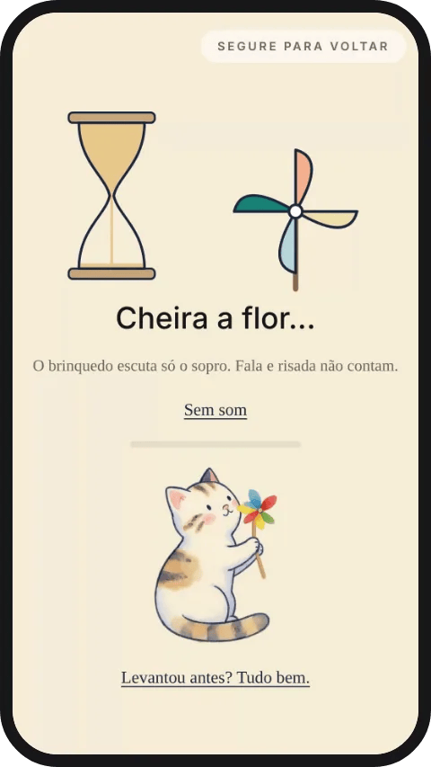 A tela do treino no app: a ampulheta, o cata-vento e o Mimo
