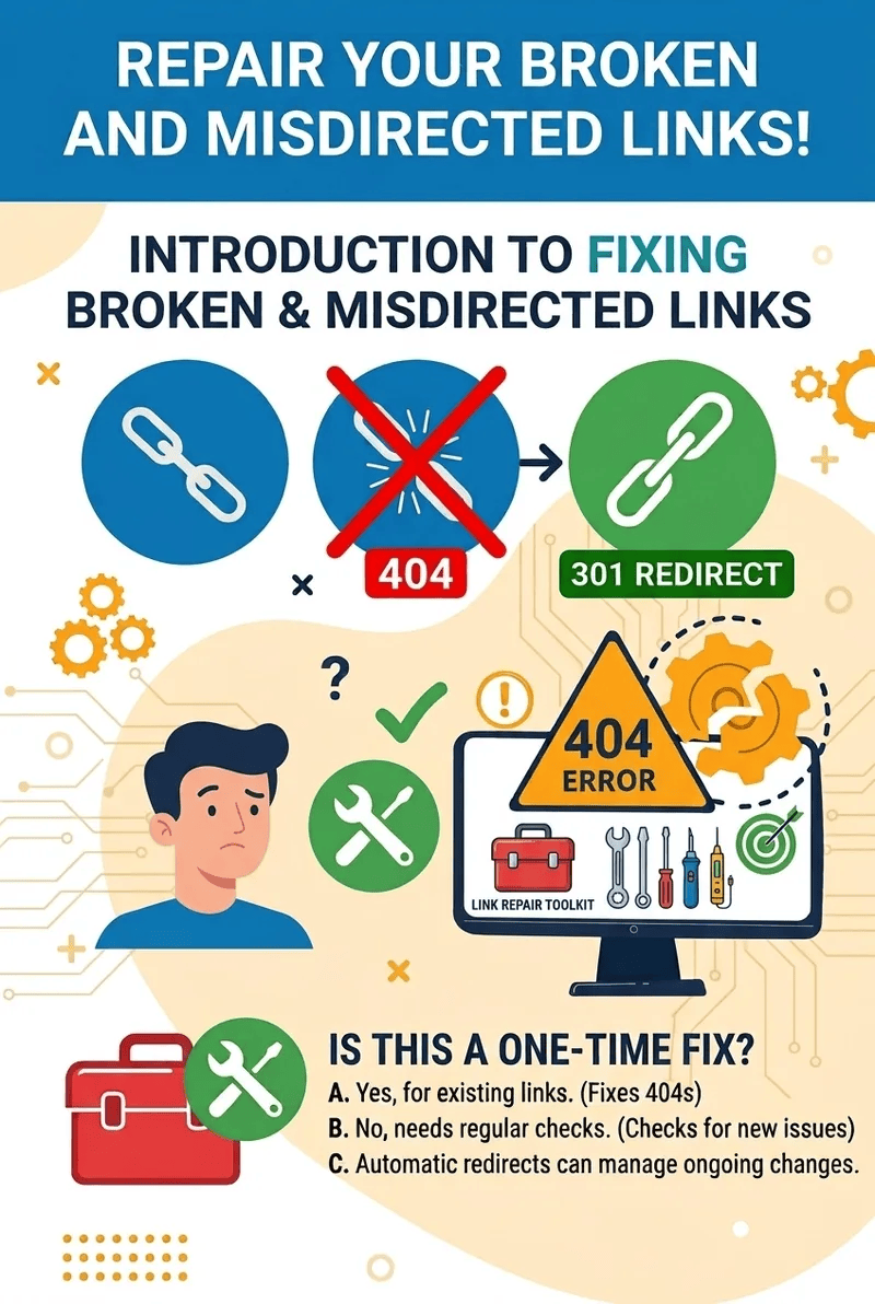 Illustration explaining broken links, 404 errors, and 301 redirects