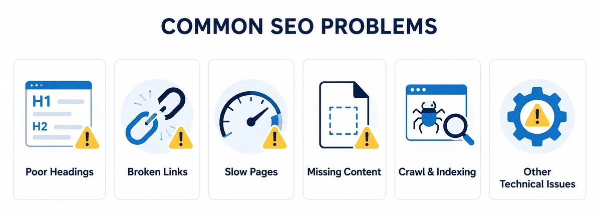 Common SEO problems including broken links, slow pages, missing content, and crawl issues.