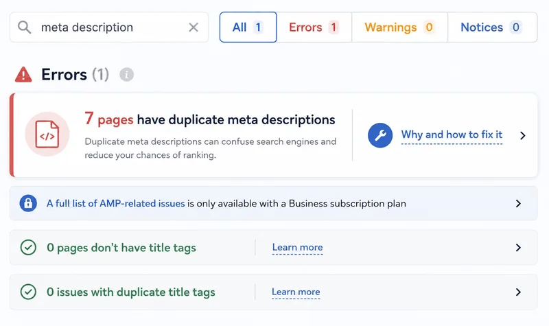 Illustration showing duplicate meta descriptions as an SEO problem