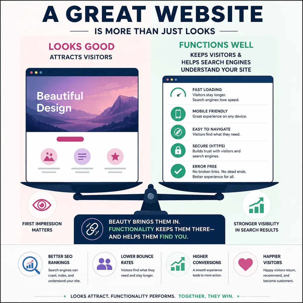 Website design and functionality working together to improve SEO and user experience.