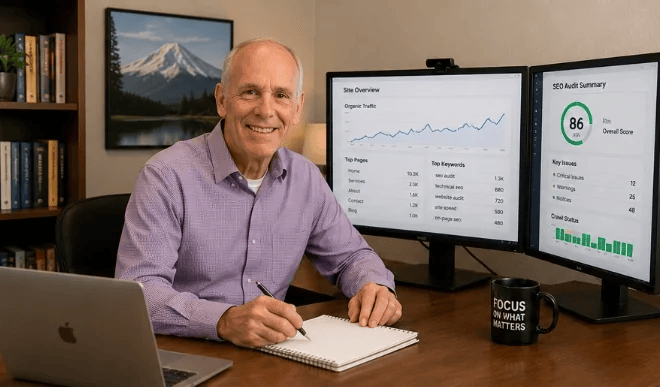 SEO consultant reviewing website performance data on computer monitors