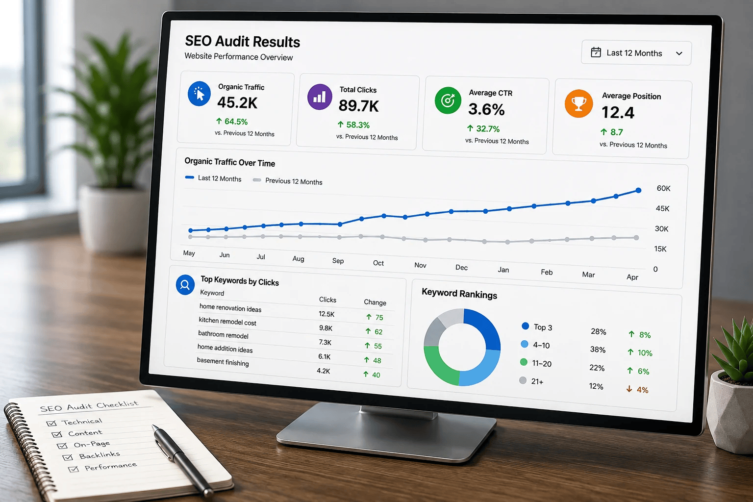 SEO audit results dashboard showing website traffic, clicks, rankings, and keyword performance