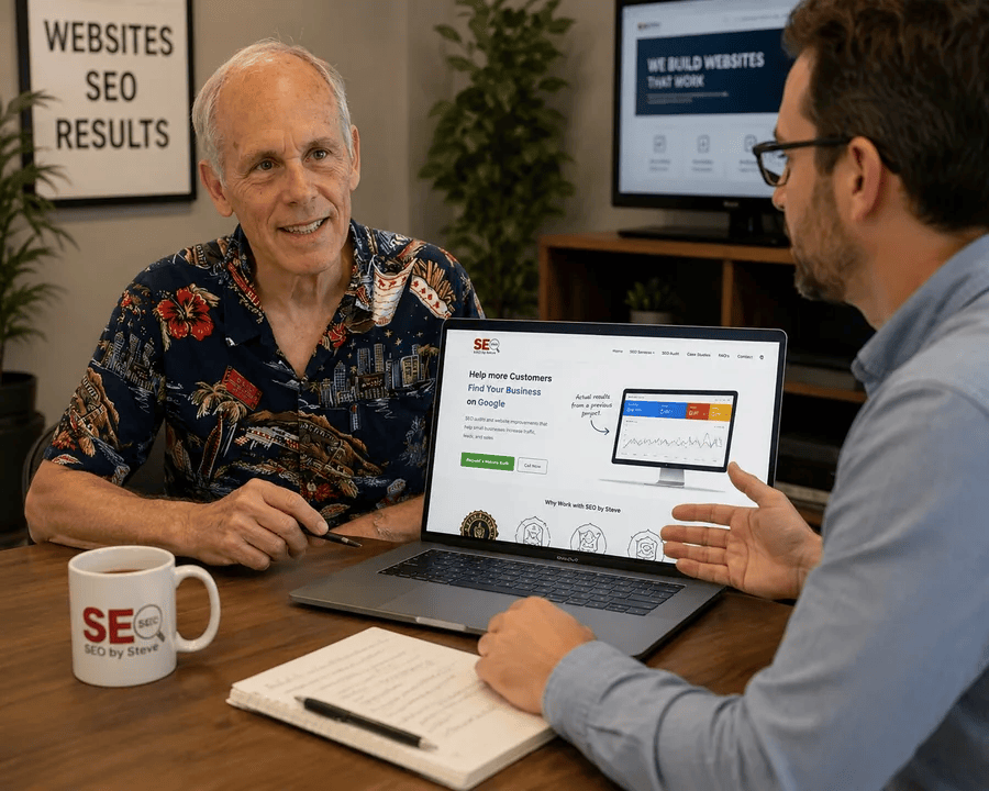 SEO consultant meeting with a client to discuss website performance