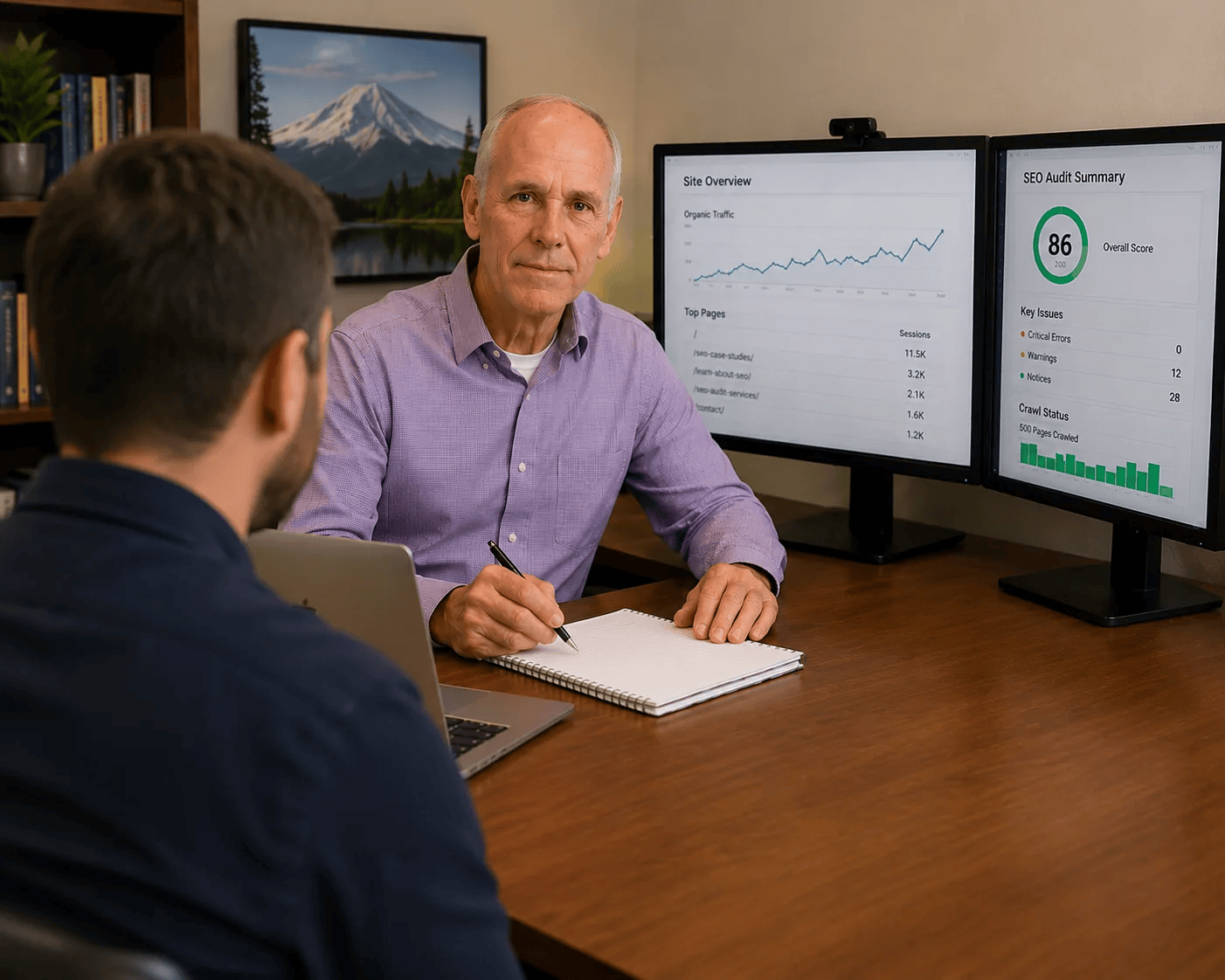 SEO consultant reviewing website performance with a client in an office