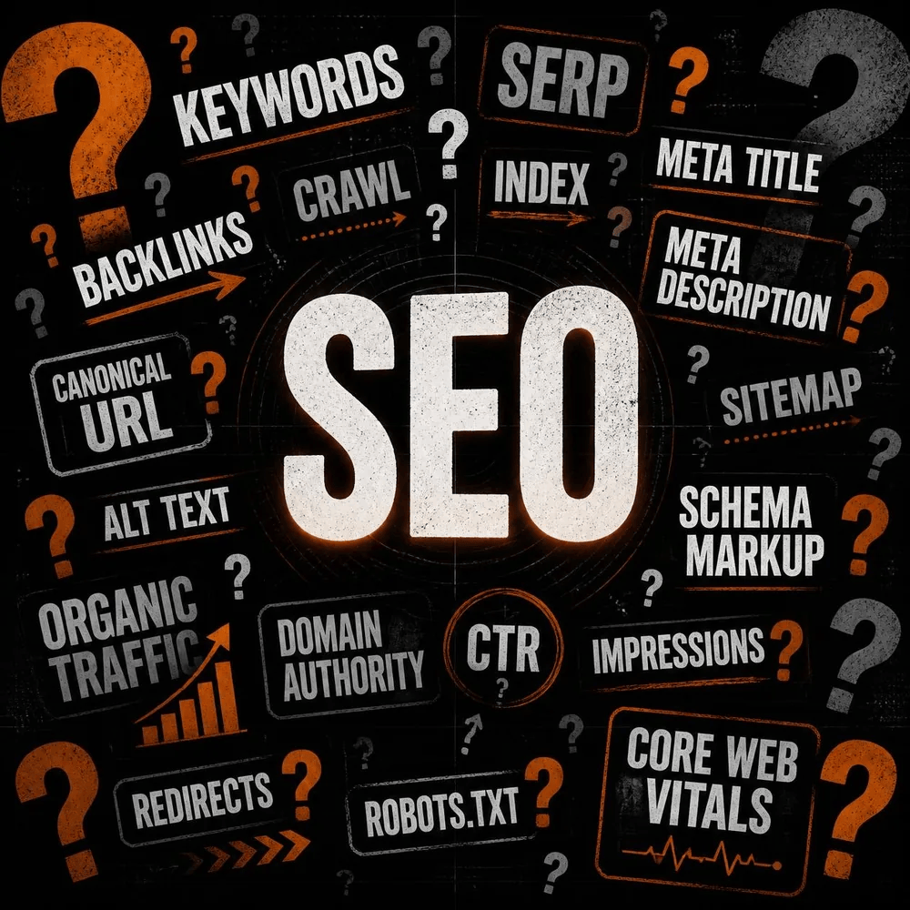 SEO graphic illustrating common questions about search engine optimization