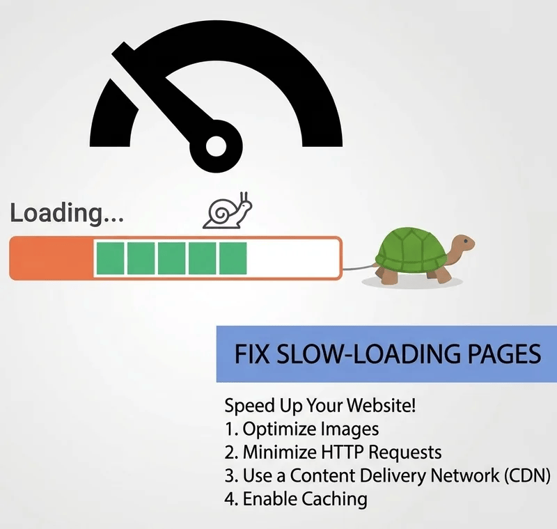 Illustration showing slow-loading pages and ways to improve website speed