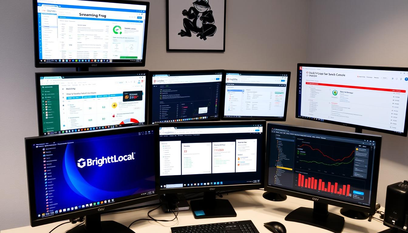 Top SEO tools used by UK professionals displayed on multiple screens