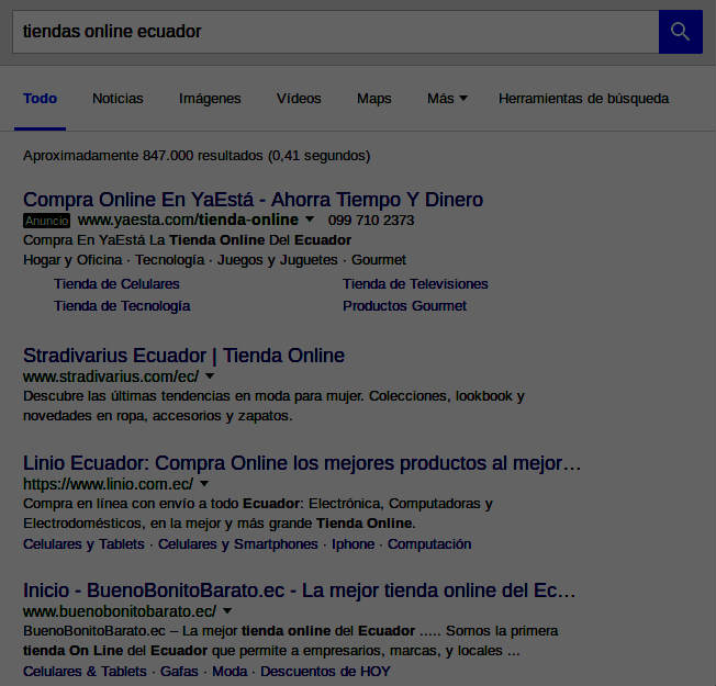 Resultados de búsqueda en Google: tiendas en línea en el país.