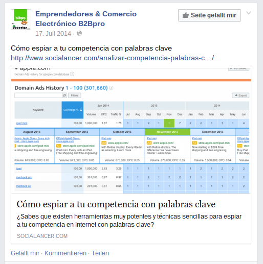 Post de Facebook: ninguna optimización "onpage".