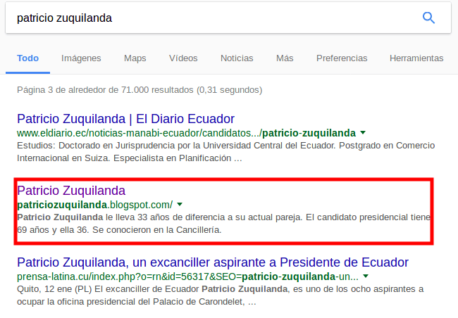 Sitio web de Patricio Zuquilanda en los resultados de búsqueda de Google.
