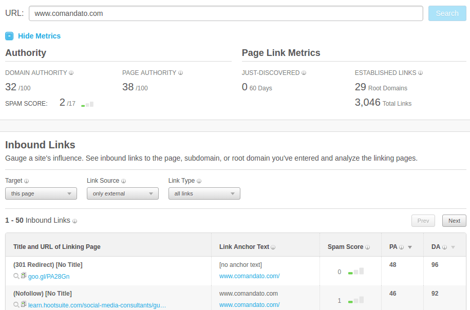 Open Site Explorer de Moz muestra la autoridad del dominio, ejemplo Comandato.