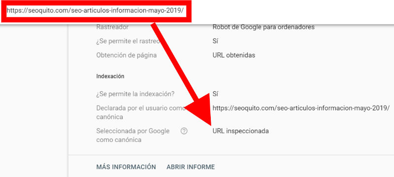 Google muestra la versión canónica en Search Console.