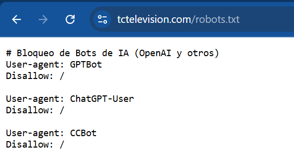 TC Televisión está bloqueando bots de la IA.