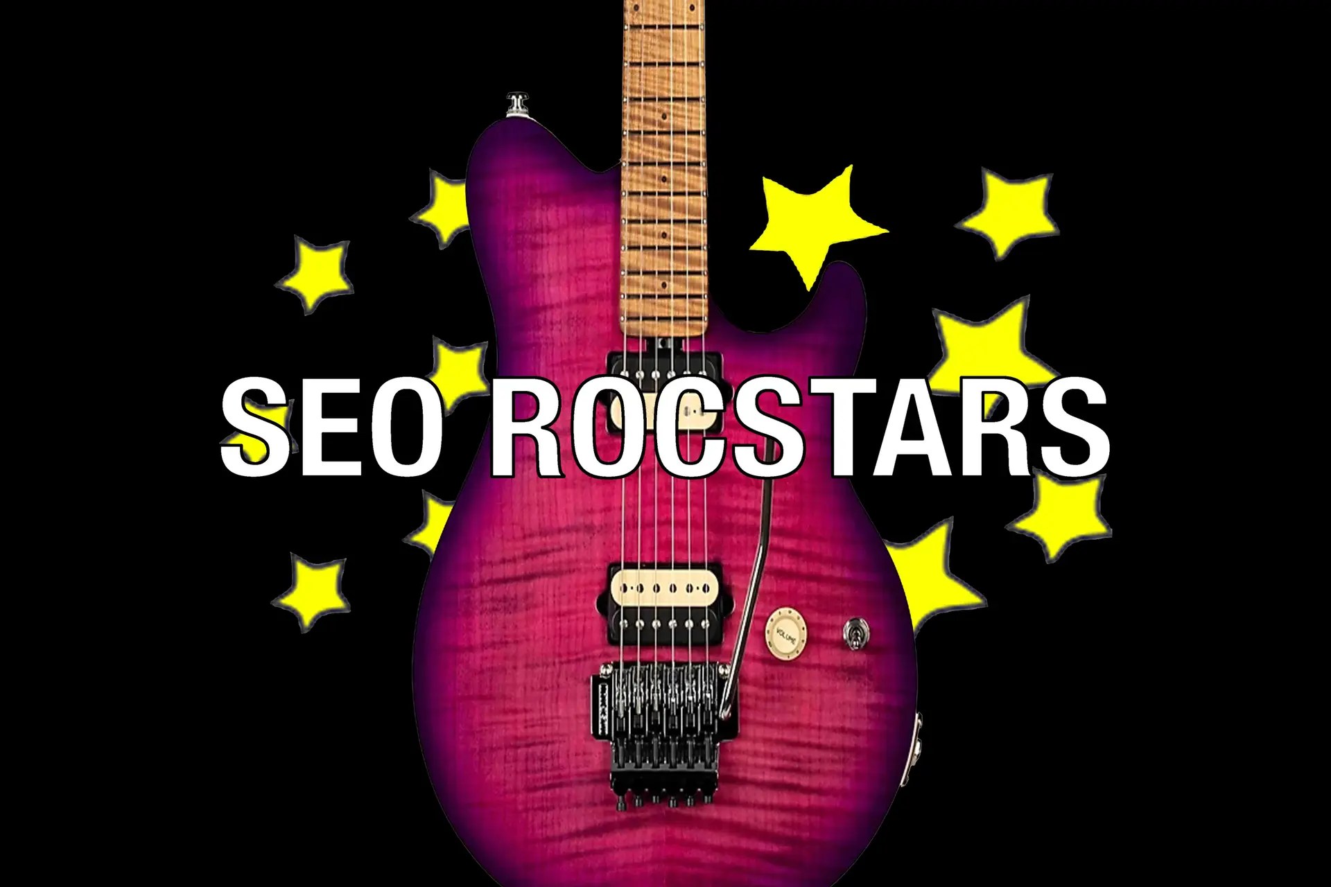 SEO Rocstars logo featuring a guitar at the center surrounded by yellow stars on a black background.