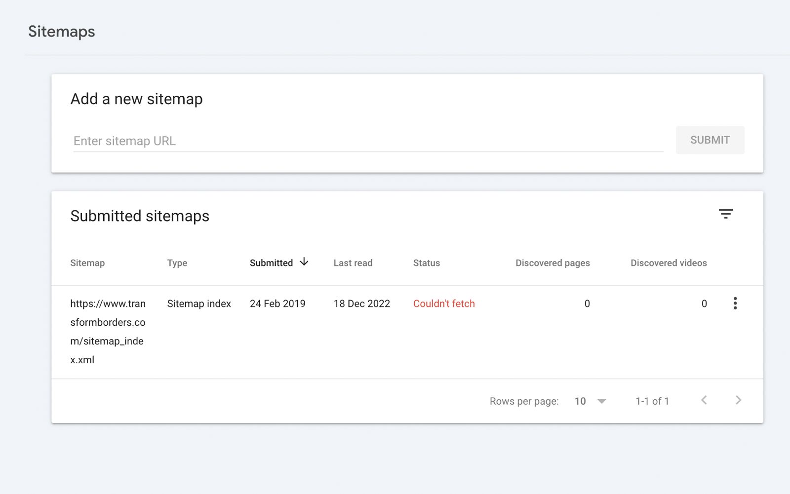 Google Search Console Sitemaps page showing Couldn't fetch status with zero discovered pages