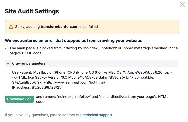 SEMrush Site Audit error showing auditing transformborders.com has failed due to noindex blocking