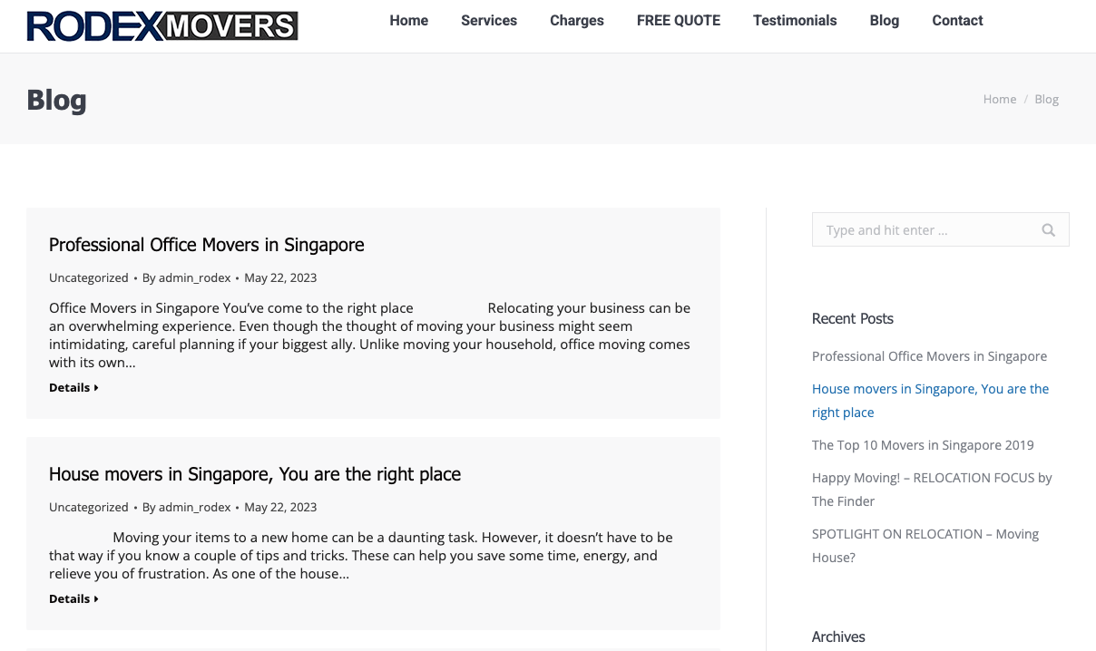 Rodex Movers old blog page with outdated, low-value articles last updated in 2019