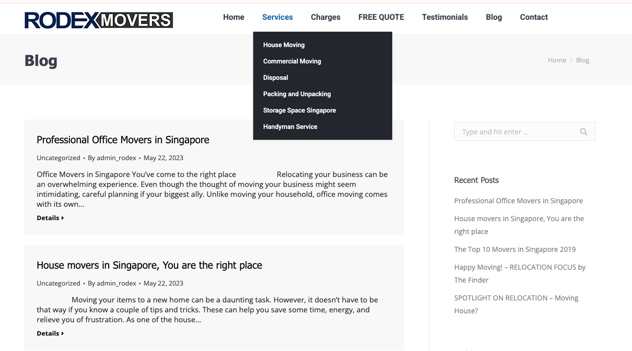 Ranking data showing keyword cannibalisation with two Rodex Movers pages competing for the same keyword