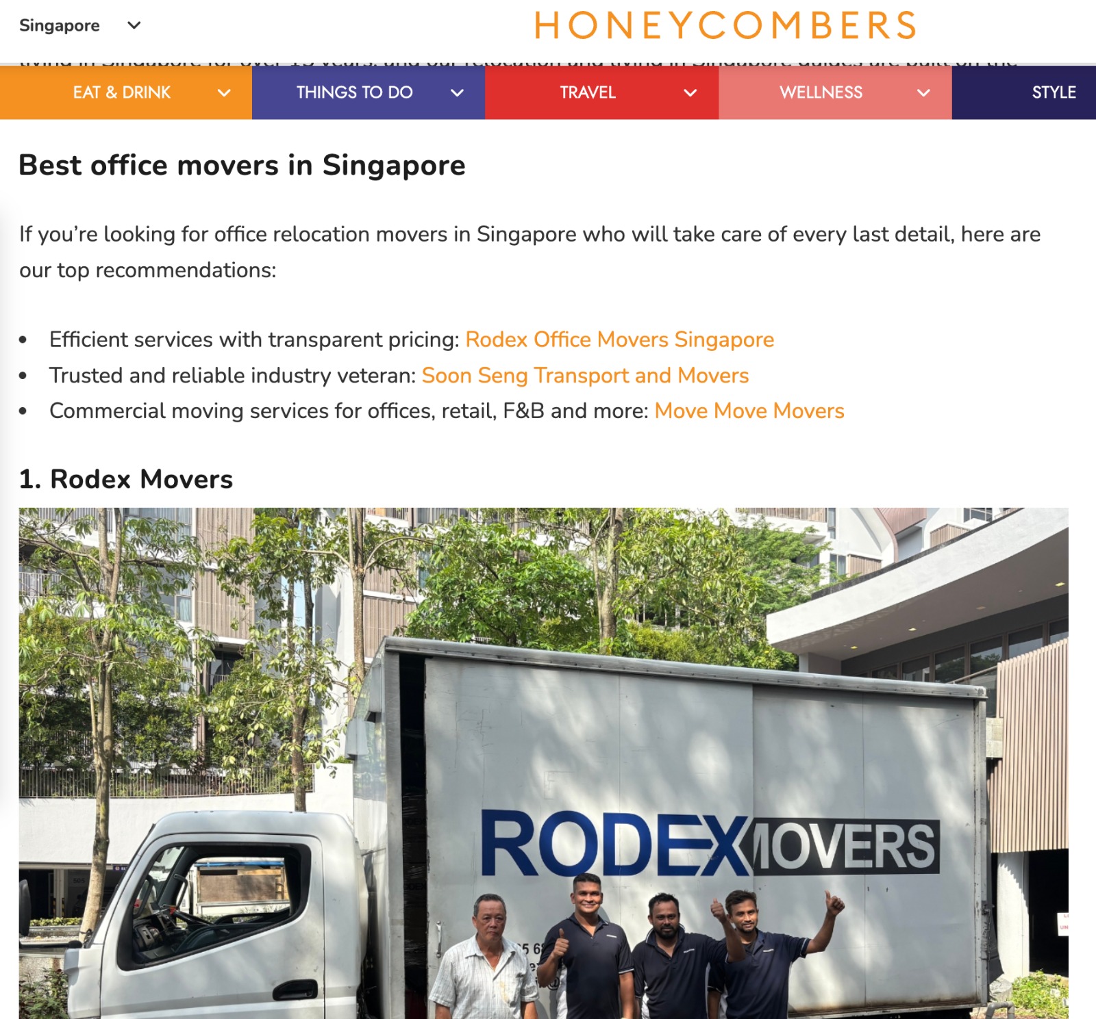 Rodex Movers ranked number 1 in Honeycombers' best professional office movers in Singapore feature