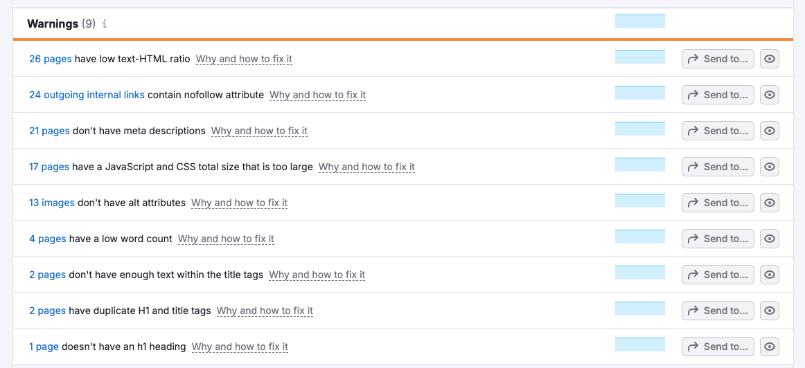 Semrush site audit showing the backlog of technical errors and warnings on the Rodex Movers website