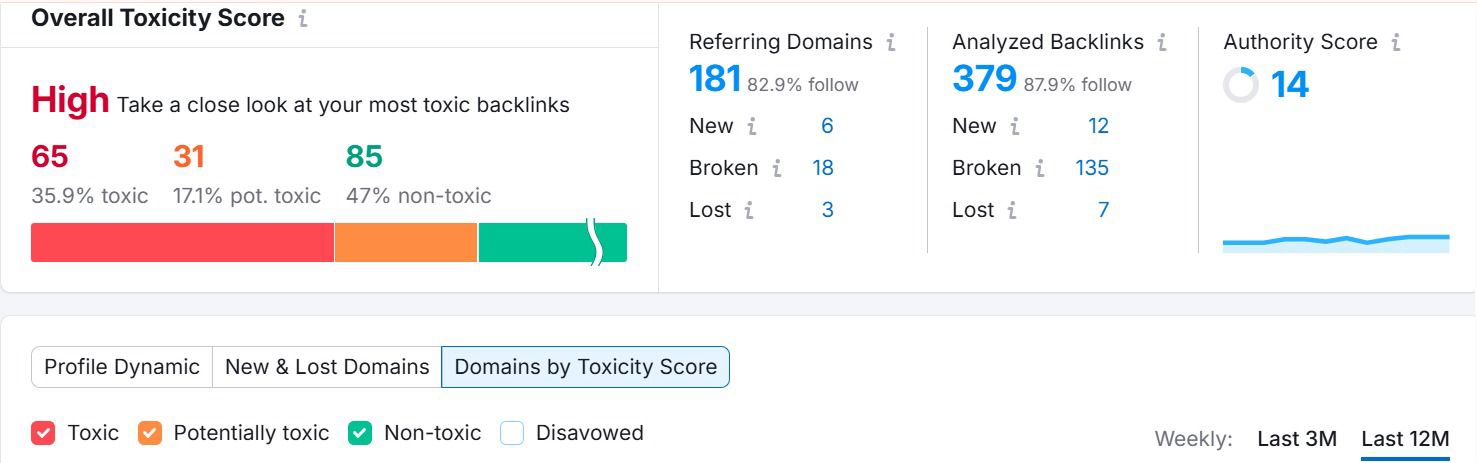 Semrush Backlink Audit before SEO work showing overall toxicity HIGH with 65 toxic and 31 potentially toxic referring domains