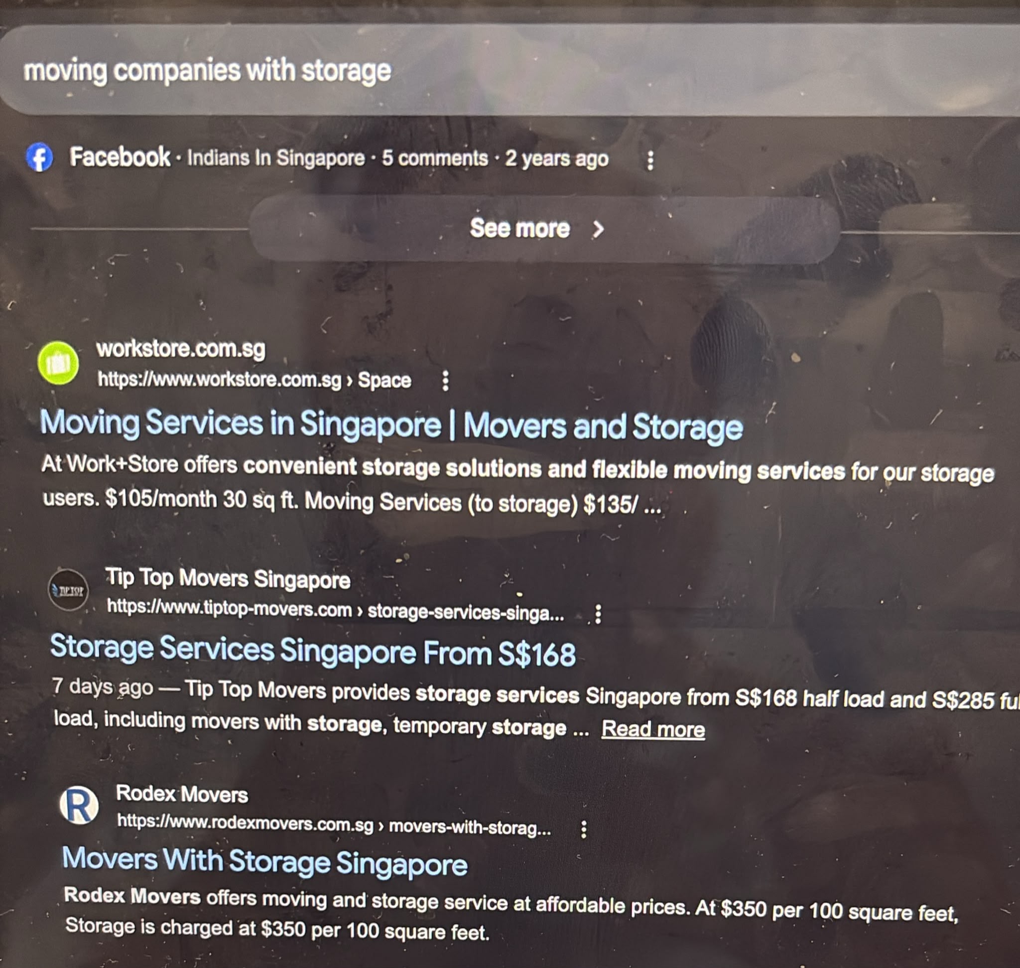 Google search results showing Rodex Movers ranking on Page 1 for moving companies with storage