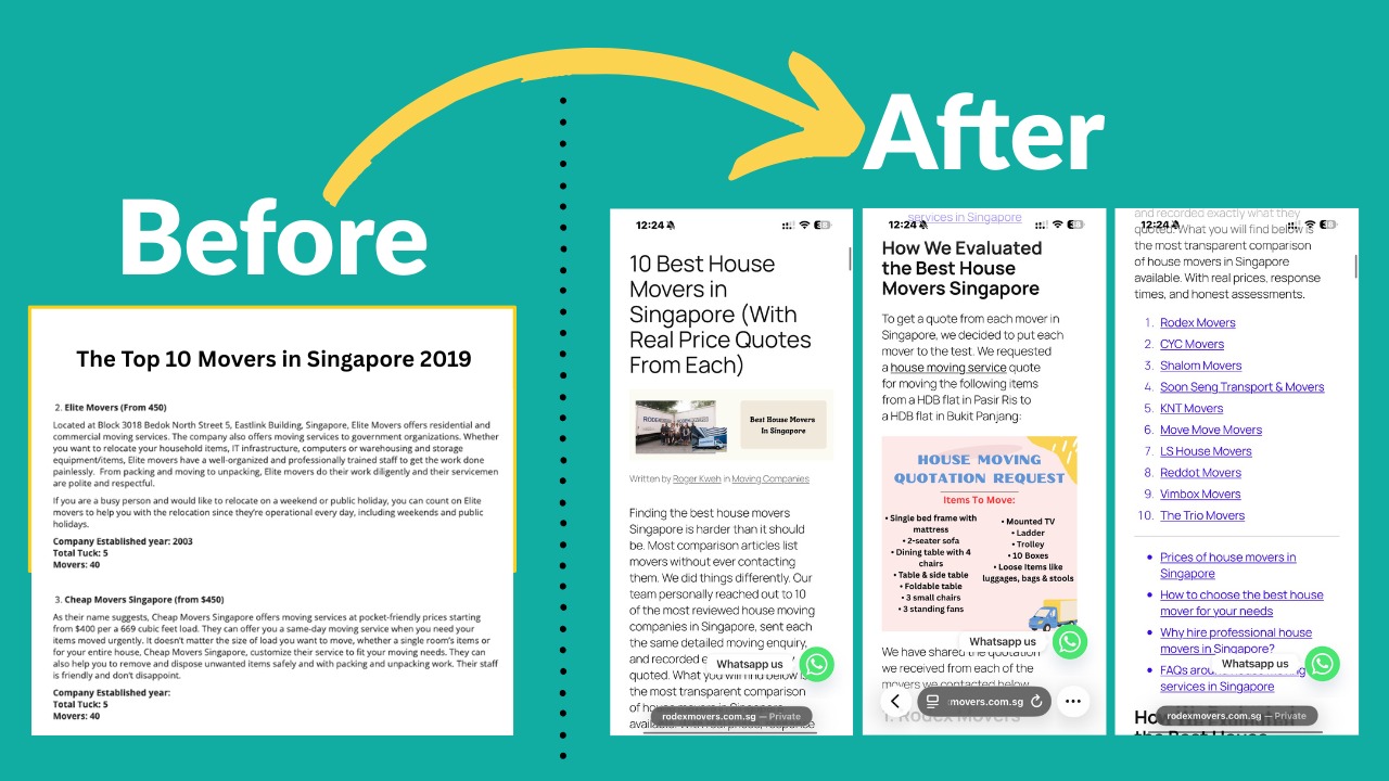Rodex Movers content before the rebuild — outdated pages written for Google, not for readers