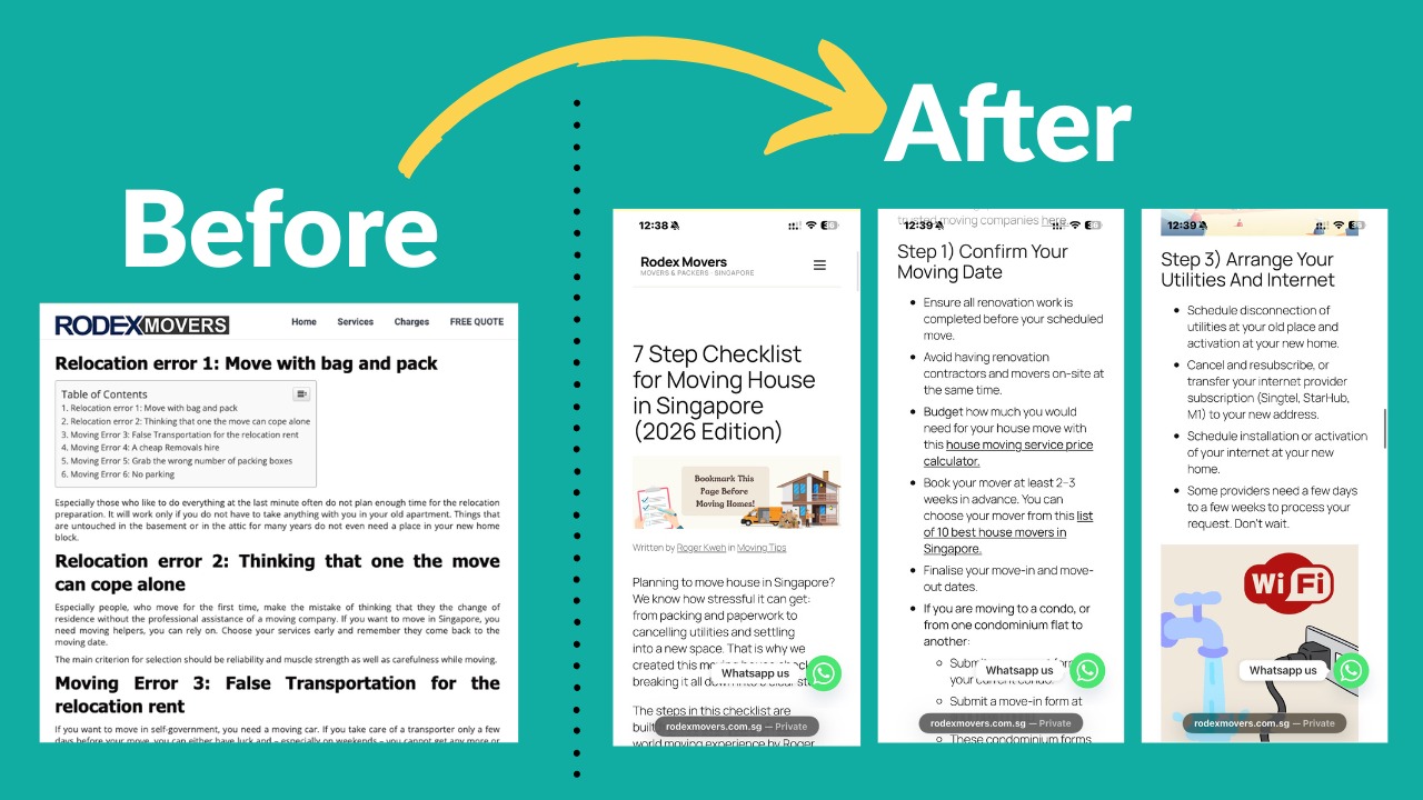 Rodex Movers content after the rebuild — high-quality pages mapped to real search demand