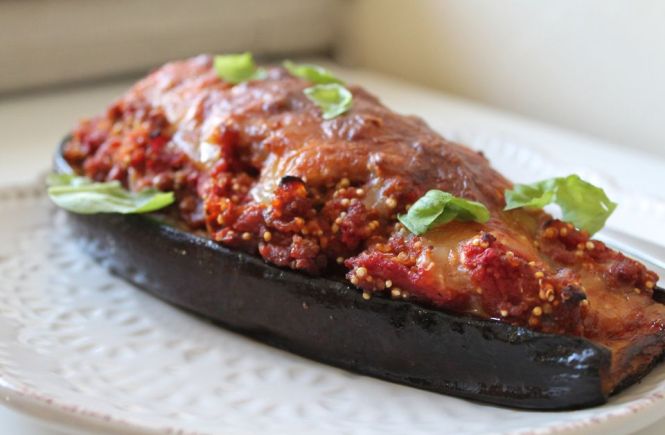 beef and quinoa stuffed eggplant