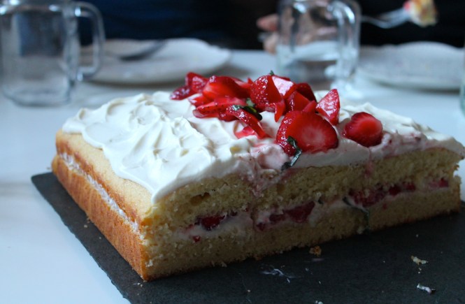 Basil strawberries and cream sheet cake