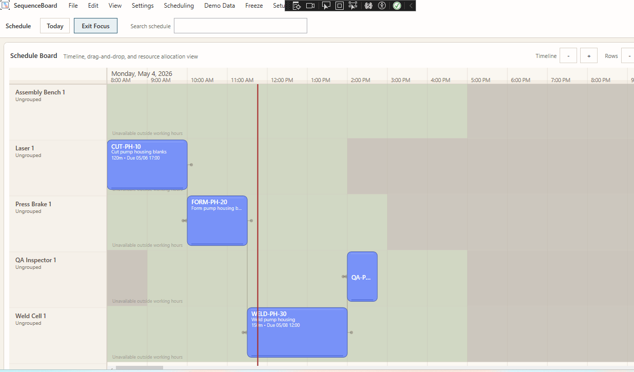 SequenceBoard focused schedule board showing task placement across shop resources