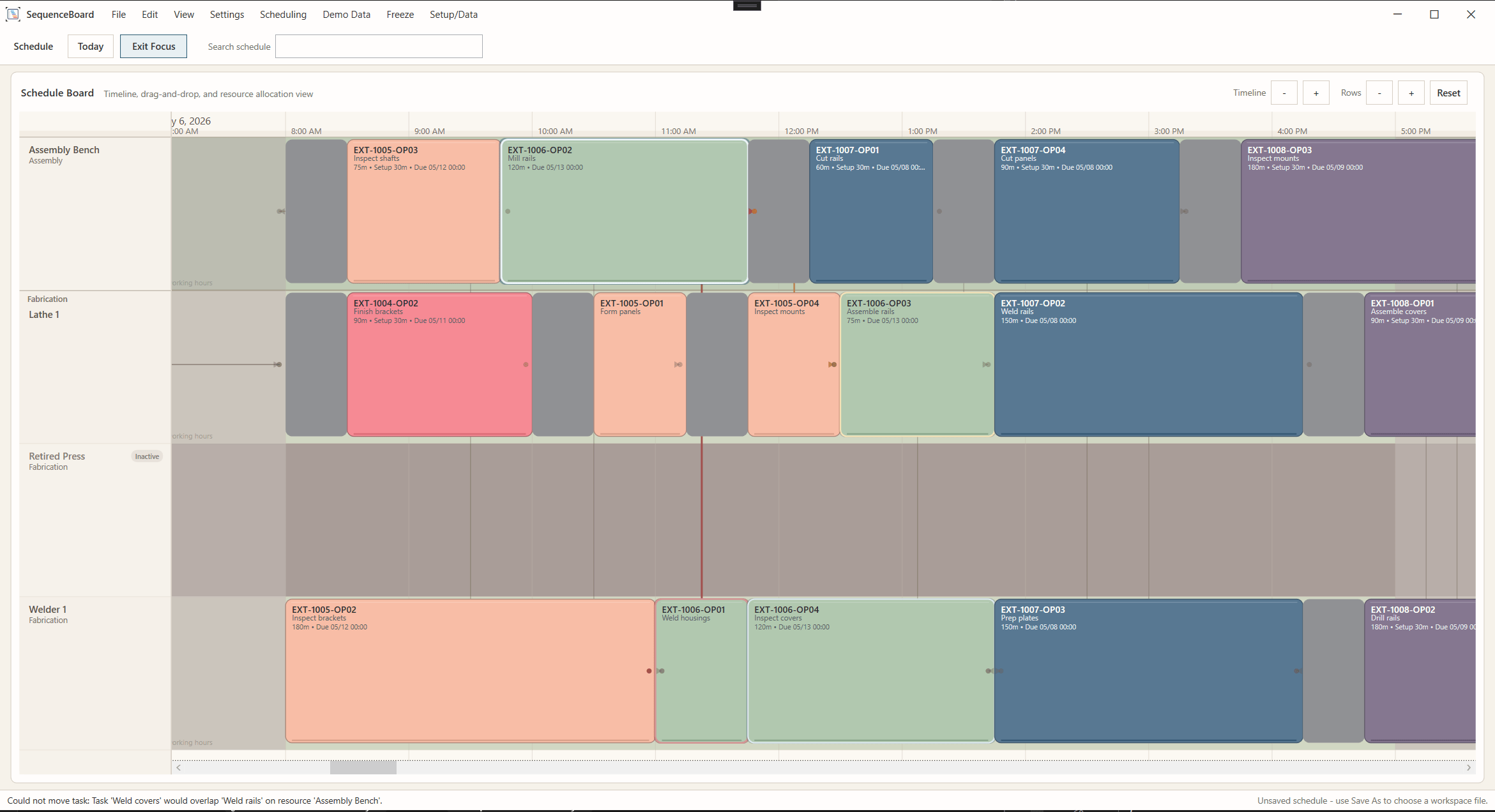SequenceBoard schedule board showing production jobs arranged across resource lanes on a timeline