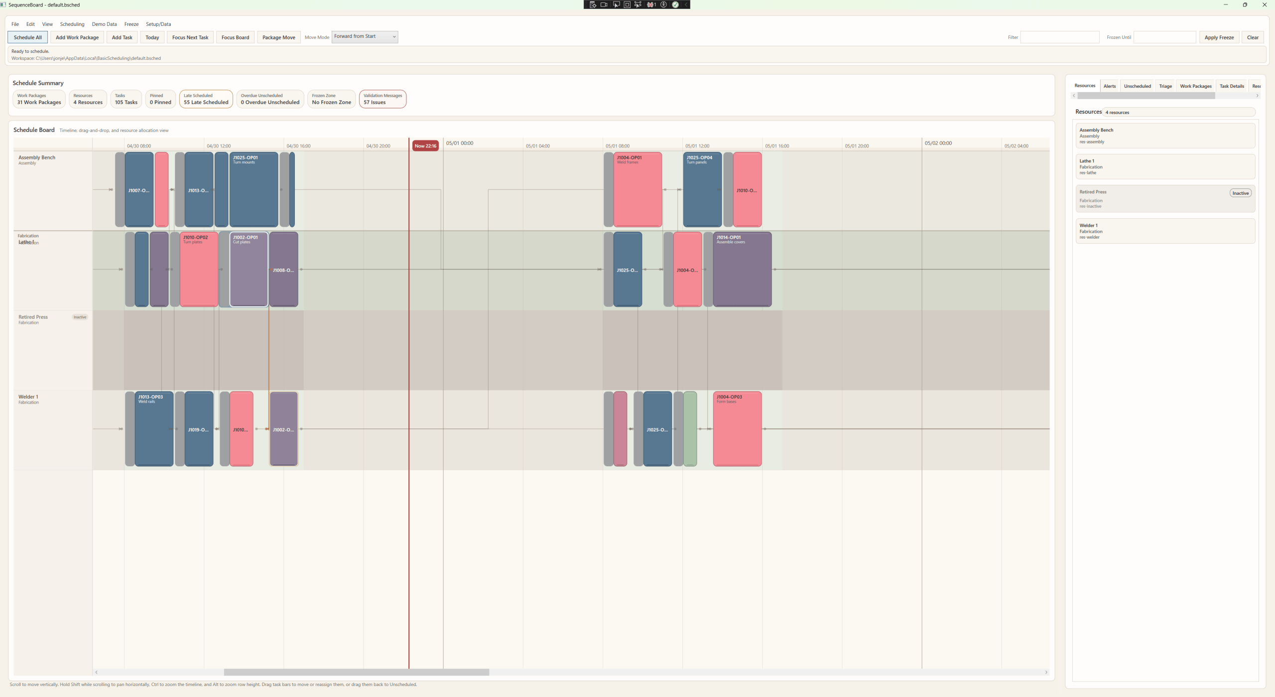 SequenceBoard schedule summary with resource list and timeline scheduling board