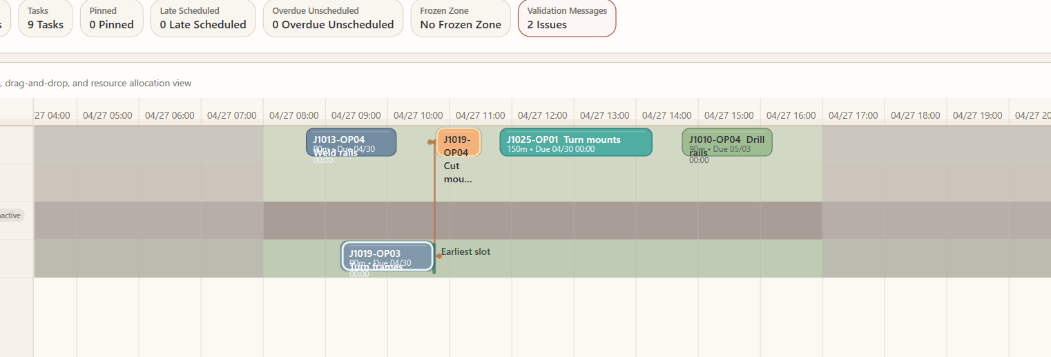 SequenceBoard schedule board showing validation messages and earliest slot guidance