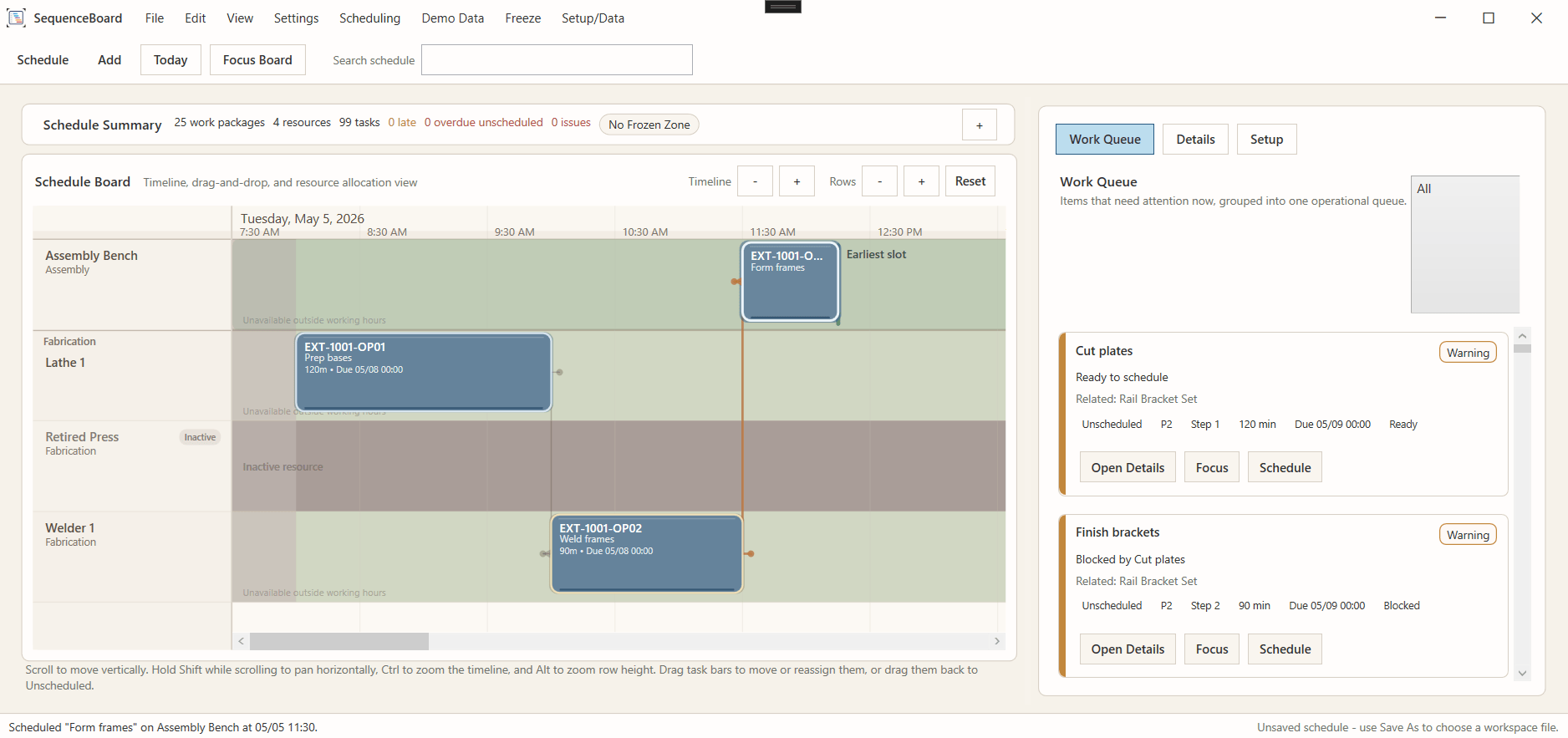 SequenceBoard work queue showing unscheduled and blocked jobs next to the schedule board