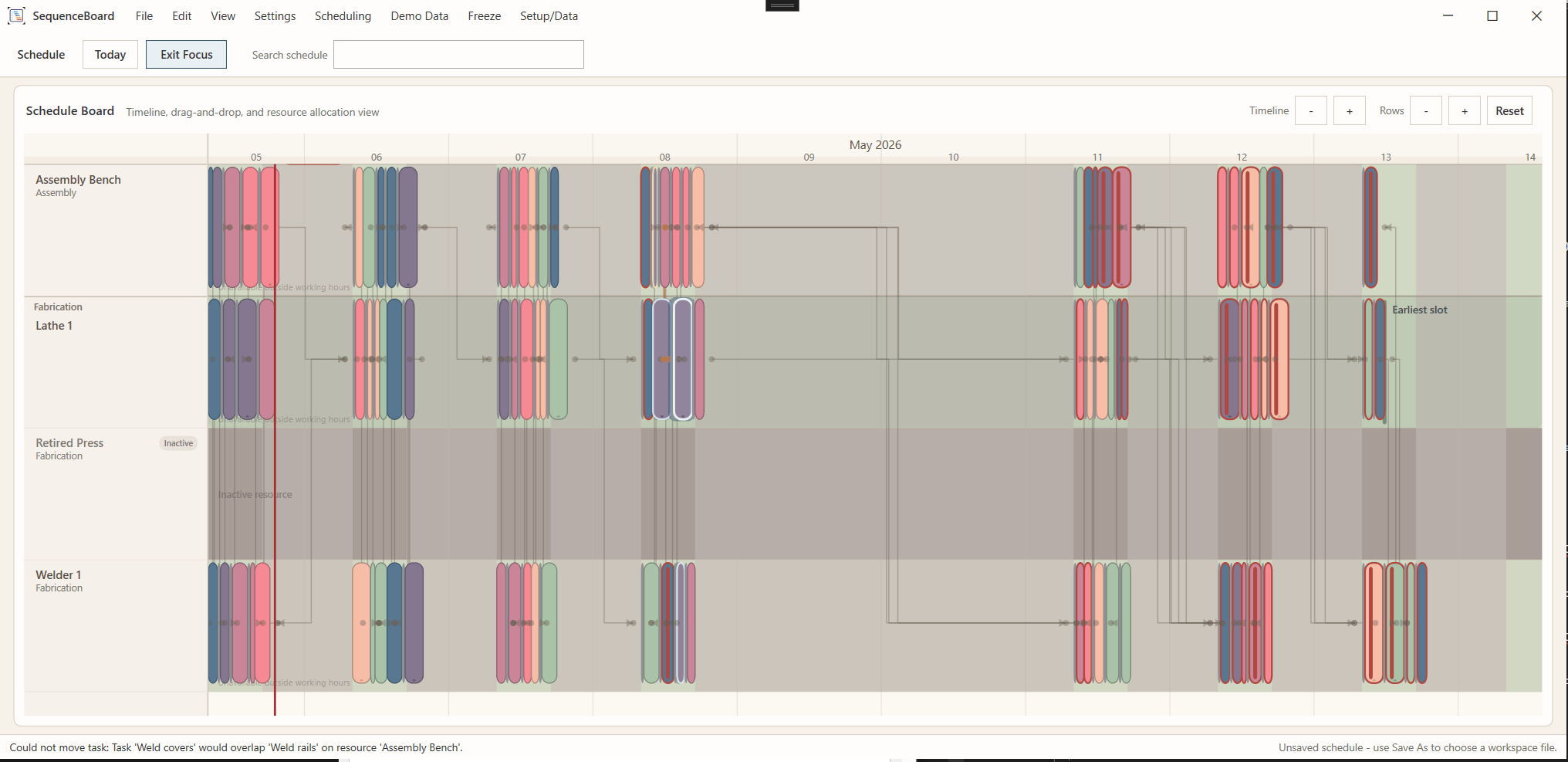 SequenceBoard production scheduling workflow screenshot