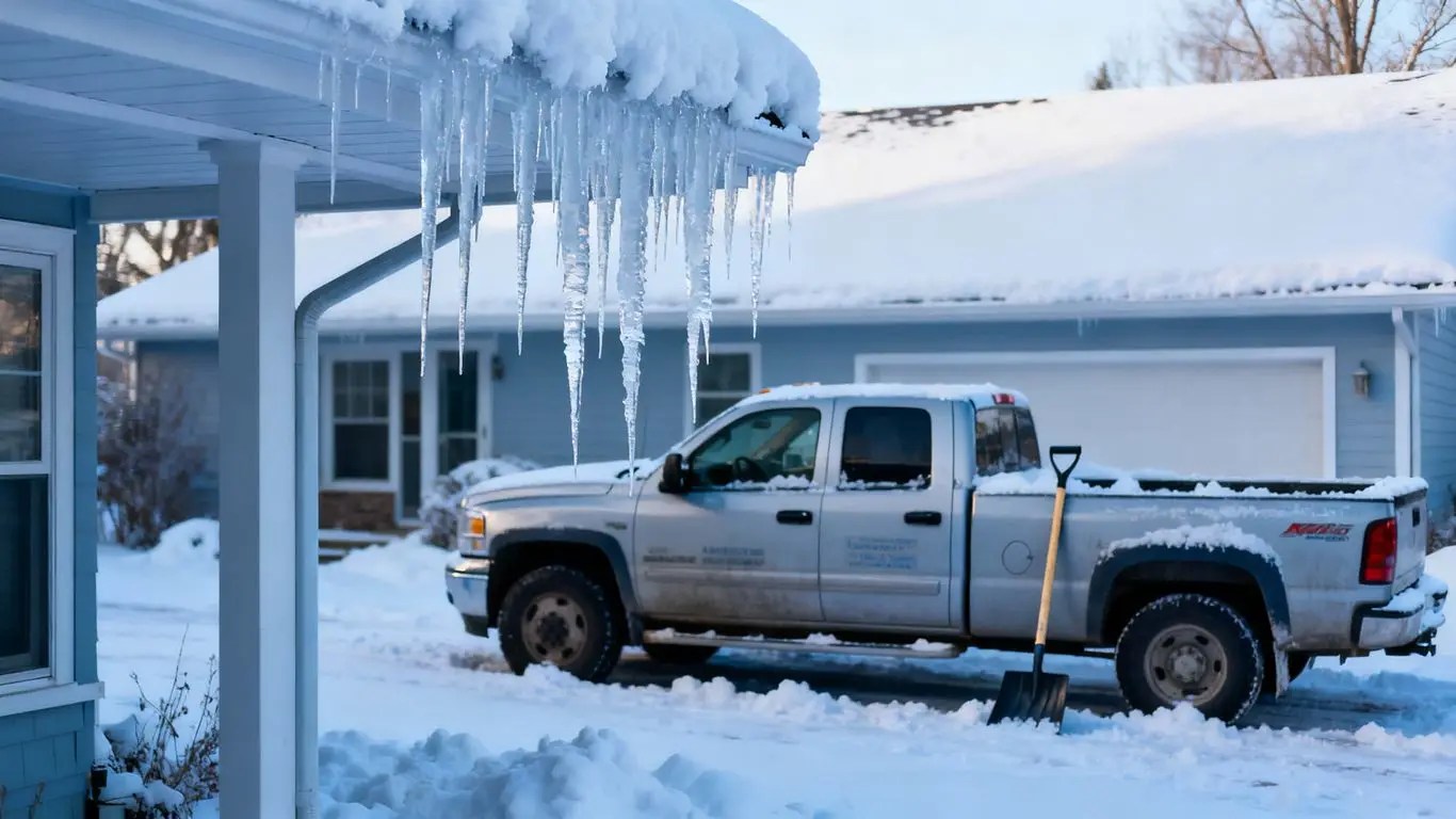 Contractor truck in snowy driveway near house.