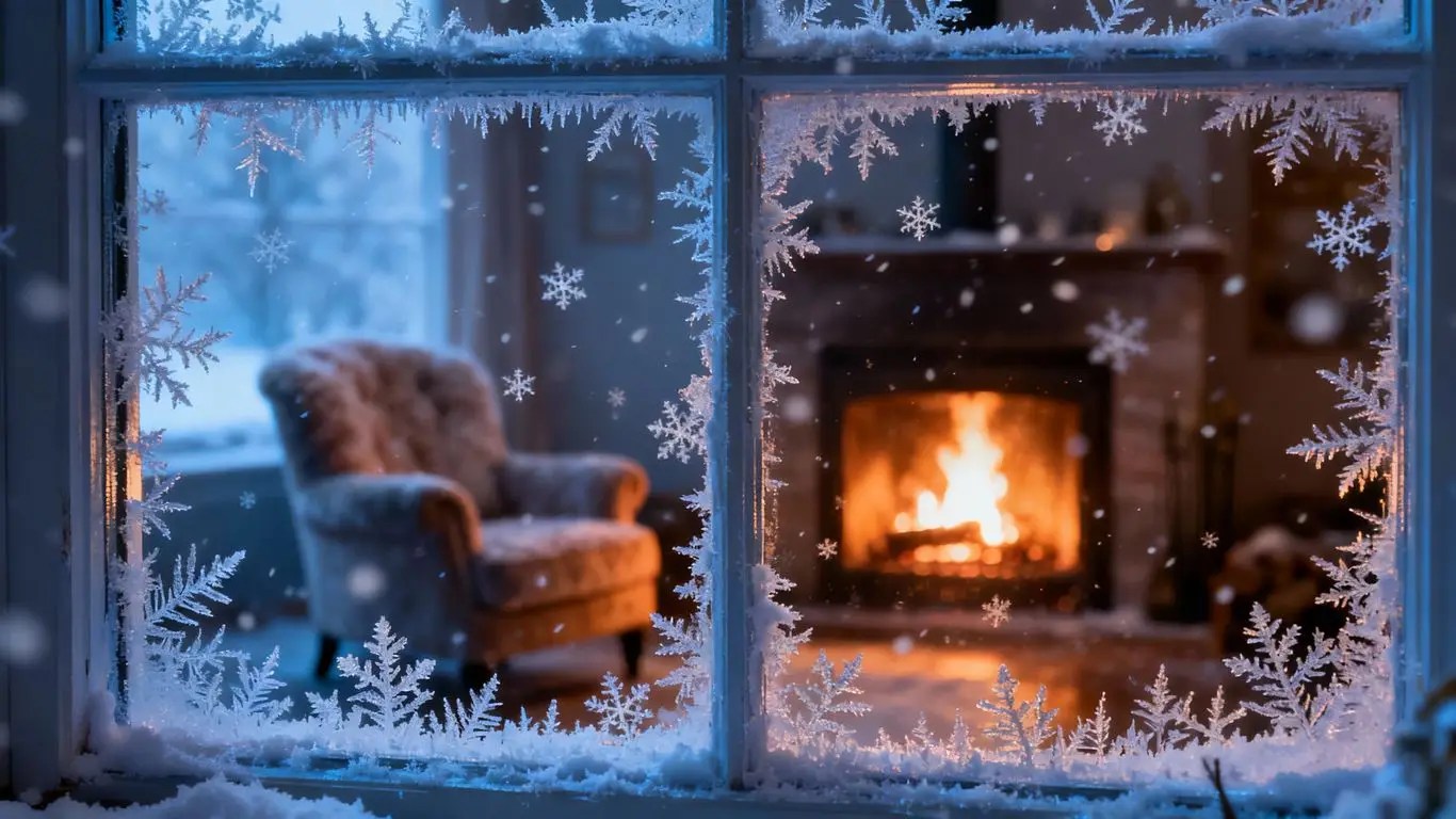 Winter scene with frosty window and cozy interior.