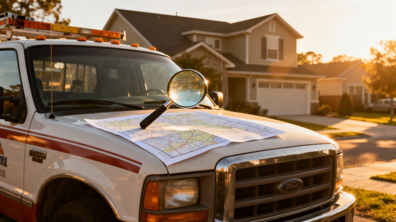 Contractor truck and magnifying glass over map.