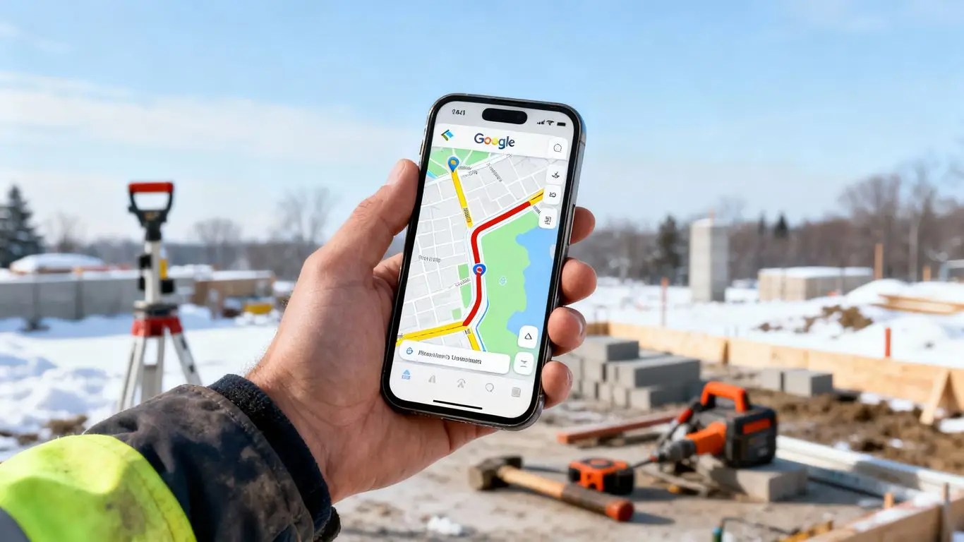 Contractor using Google Maps on a smartphone at a construction site.