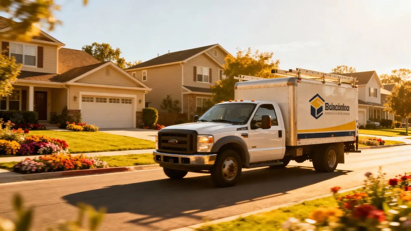 Contractor truck driving on a street near houses.