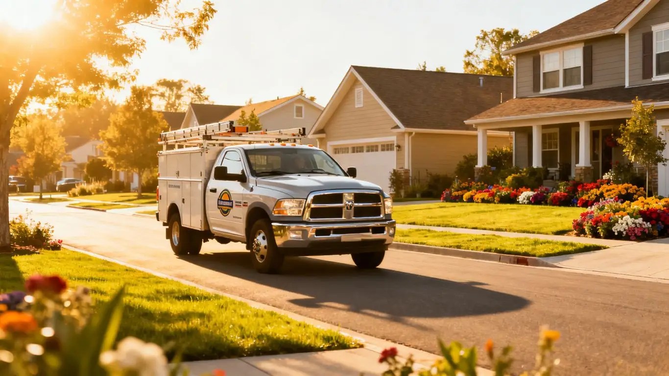 Contractor truck on a sunny suburban street