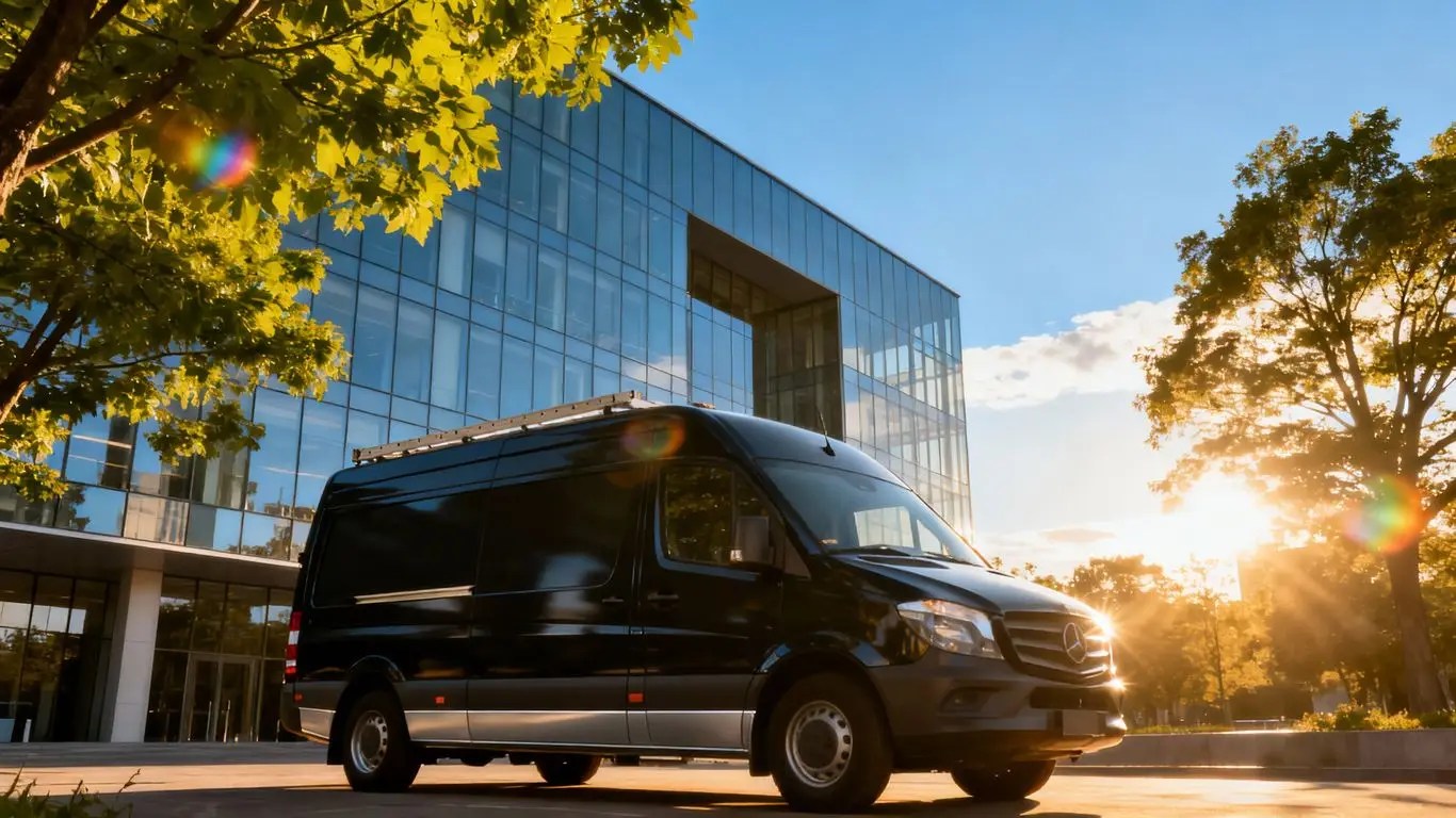 Contractor van outside a modern building with trees.