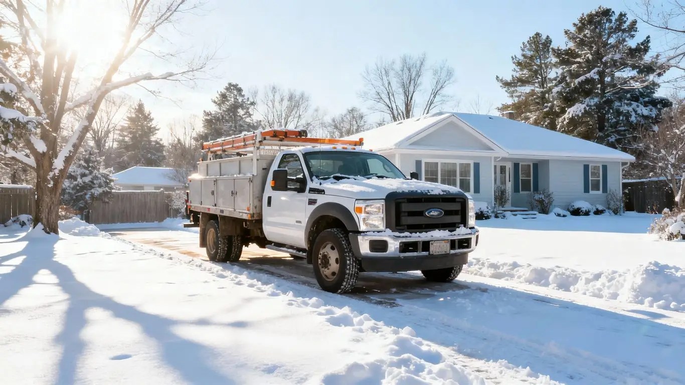 Contractor truck in snowy driveway near house.