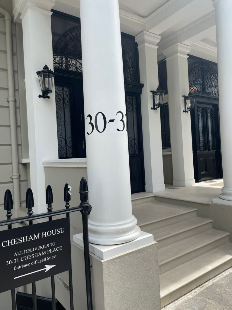 House Numbers London Sign Writer Nick Garrett Seraina Baumgartner NGS. House numbers on Pillars, painted by NGS hand painted Victoria House titles numerals.