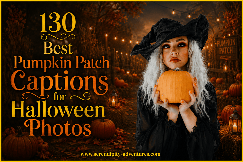 Woman dressed as a witch holding a pumpkin beside the title 130 Best Pumpkin Patch Captions for Halloween Photos.
