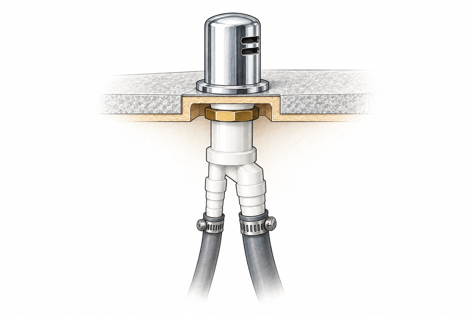 Dishwasher air gap above a countertop with separate smaller inlet and larger outlet hose connections below.
